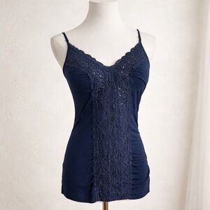Vintage Guess Navy Lace Beaded Camisole Y2K Romantic Top M